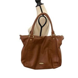 Steve Madden oversized vegan leather tote bag zip closure shoulder brown cognac